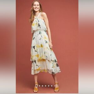 NWT Anthropologie Garden Party Maxi Tiered Halter Dress Yellow White Floral Sz 6